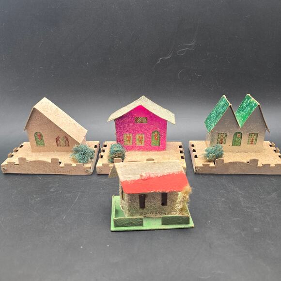 Vintage Paper Putz Houses Set of 4 Glitter Mica Christmas Village - Picture 1 of 11